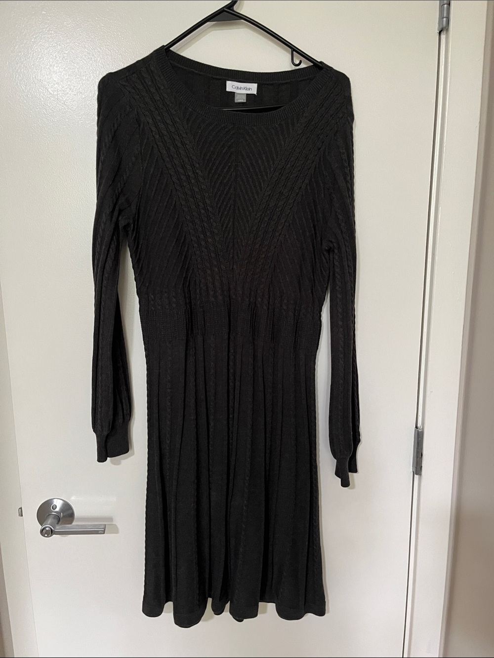 Calvin Klein Black Ribbed Knit Long-Sleeve Fit-and-Flare Dress